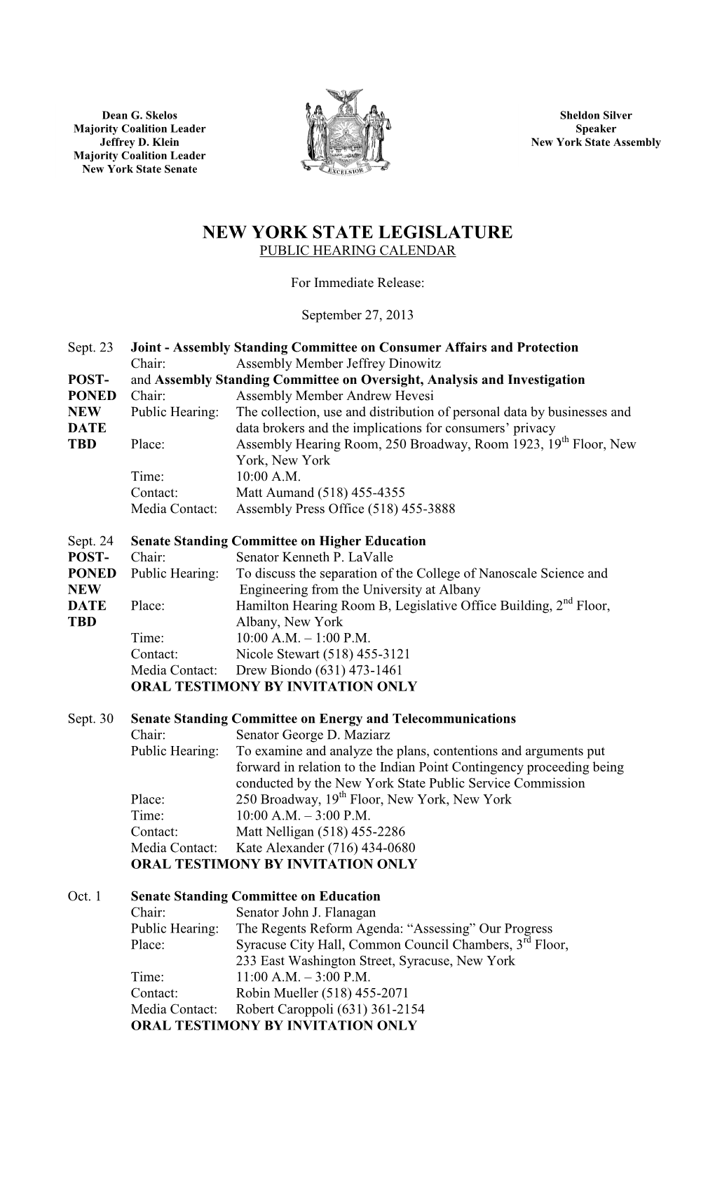 New York State Legislature Public Hearing Calendar