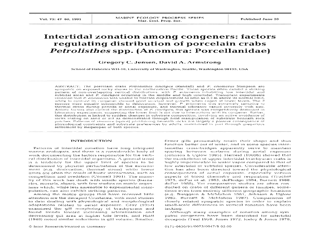 Intertidal Zonation Among Congeners: Factors Regulating Distribution of Porcelain Crabs Petrolisthes Spp