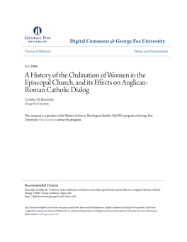 A History of the Ordination of Women in the Episcopal Church, and Its Effects on Anglican- Roman Catholic Dialog Cynthia M