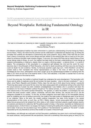 Beyond Westphalia: Rethinking Fundamental Ontology in IR Written by Andreas Aagaard Nohr