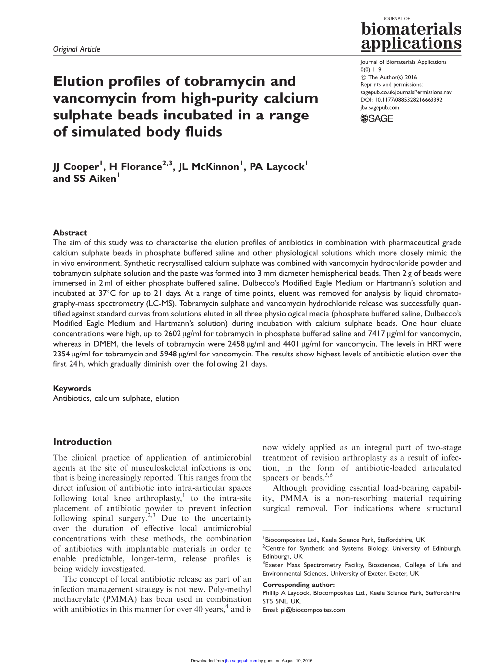 Elution Profiles of Tobramycin and Vancomycin from High-Purity