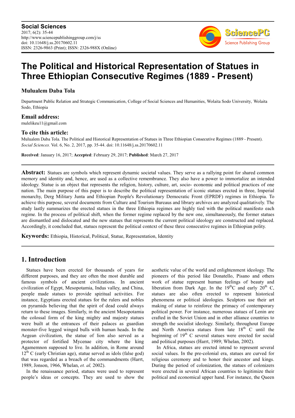 The Political and Historical Representation of Statues in Three Ethiopian Consecutive Regimes (1889 - Present)