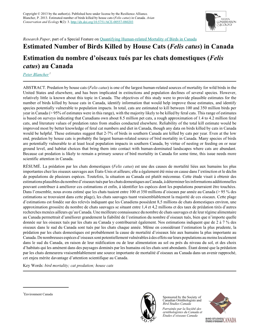 Estimated Number of Birds Killed by House Cats (Felis Catus) in Canada