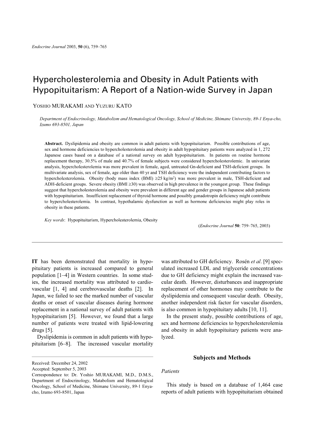 Hypercholesterolemia and Obesity in Adult Patients with Hypopituitarism: a Report of a Nation-Wide Survey in Japan
