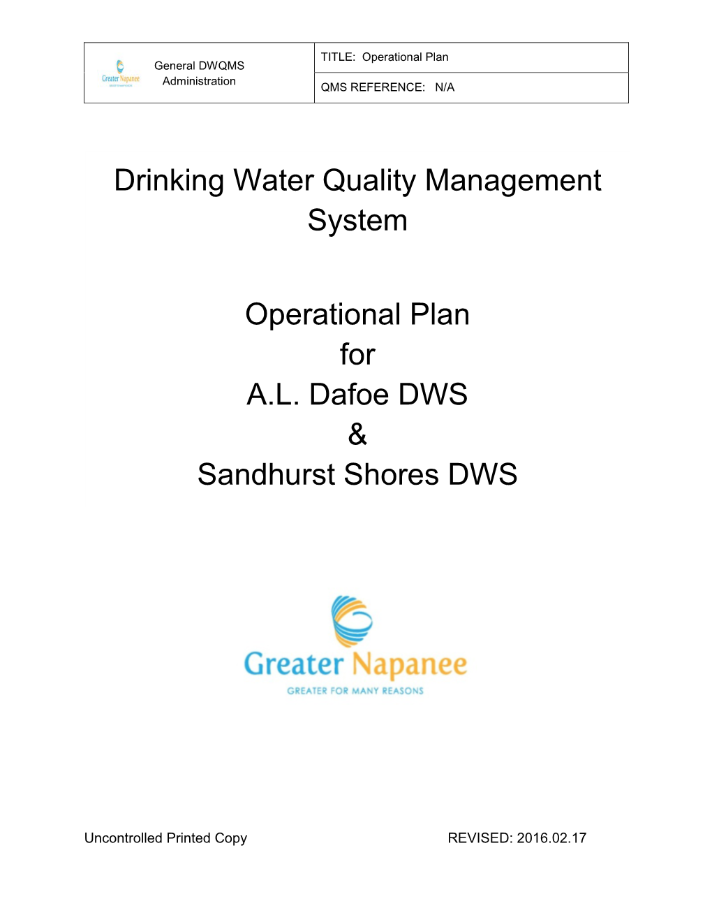 Drinking Water Quality Management System Operational Plan for A.L