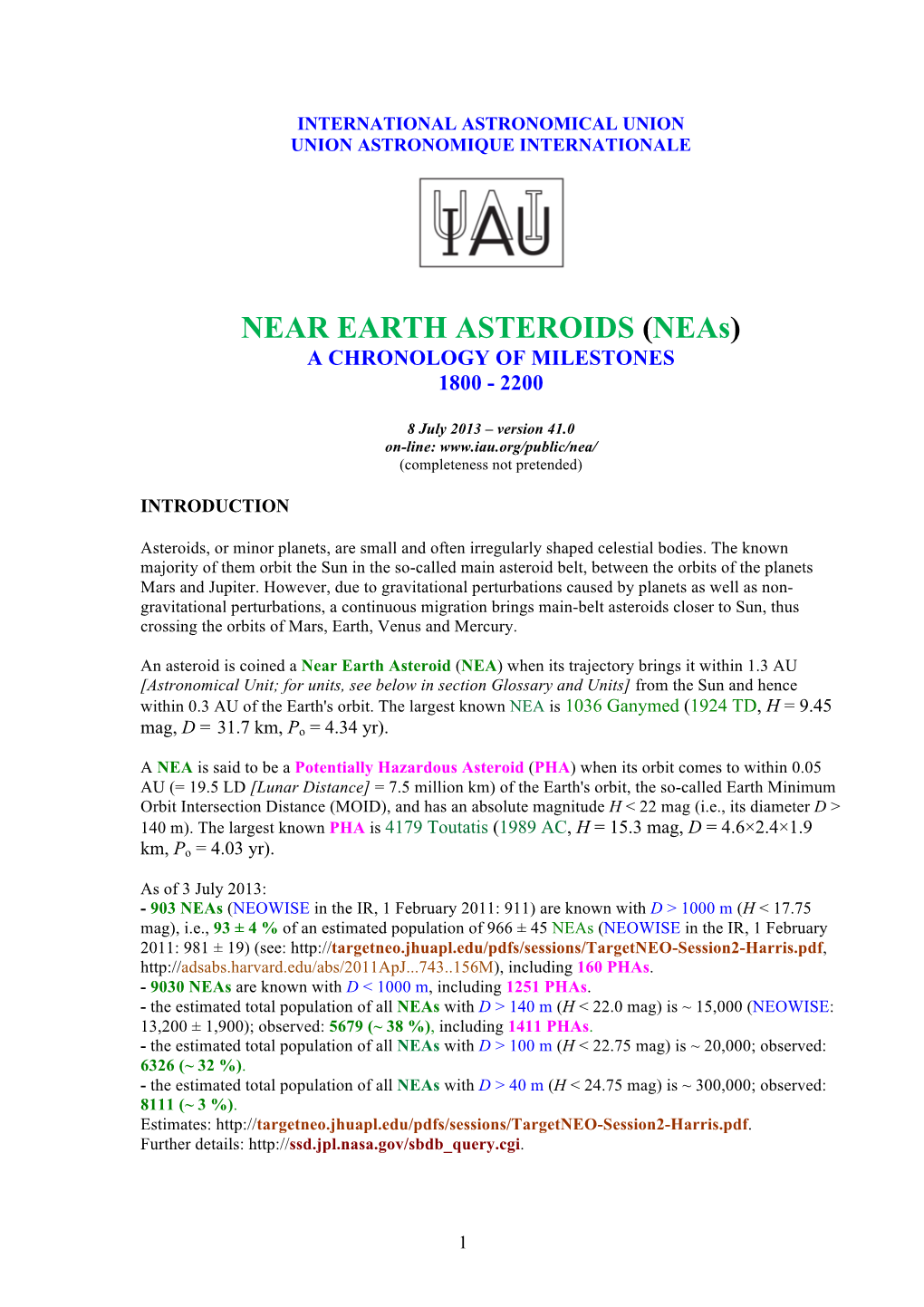 NEAR EARTH ASTEROIDS (Neas) a CHRONOLOGY of MILESTONES 1800 - 2200