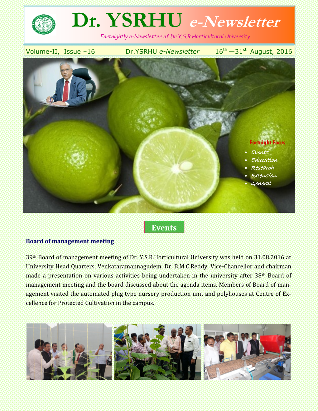 Dr. YSRHU E-Newsletter Fortnightly E-Newsletter of Dr.Y.S.R.Horticultural University