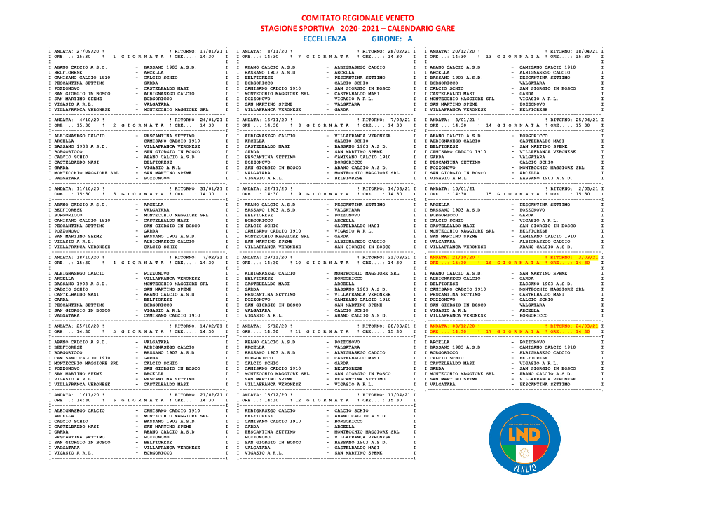 Calendario Gare Eccellenza Girone: a