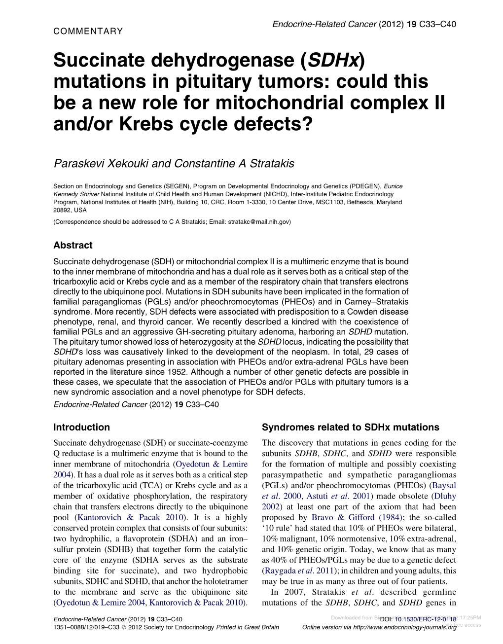 Mutations in Pituitary Tumors: Could This Be a New Role for Mitochondrial Complex II And/Or Krebs Cycle Defects?