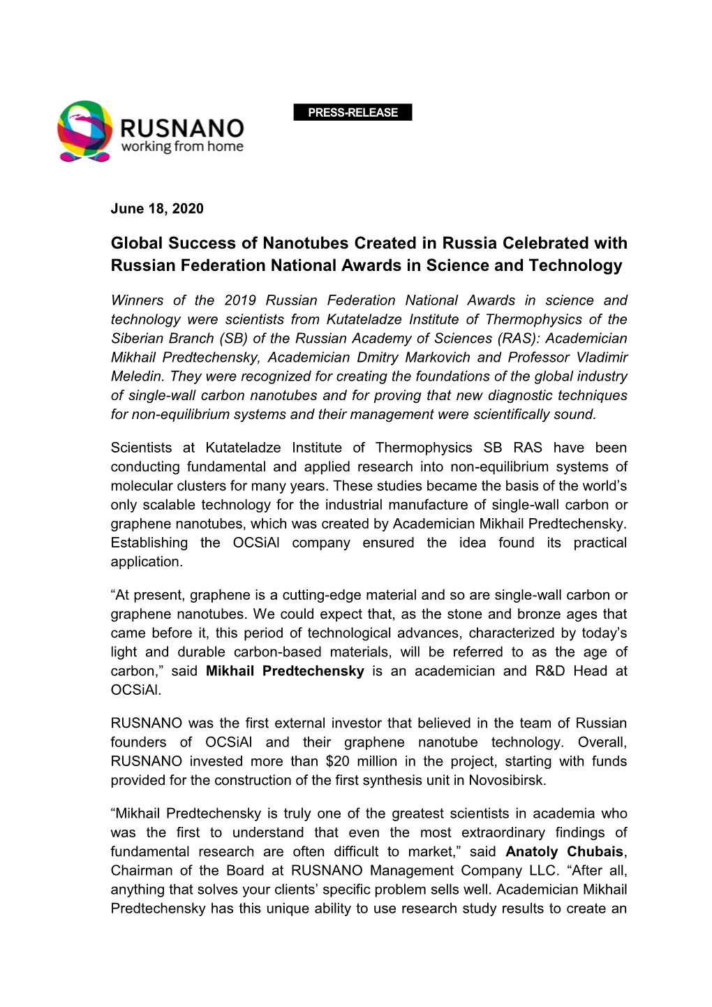 Global Success of Nanotubes Created in Russia Celebrated with Russian Federation National Awards in Science and Technology