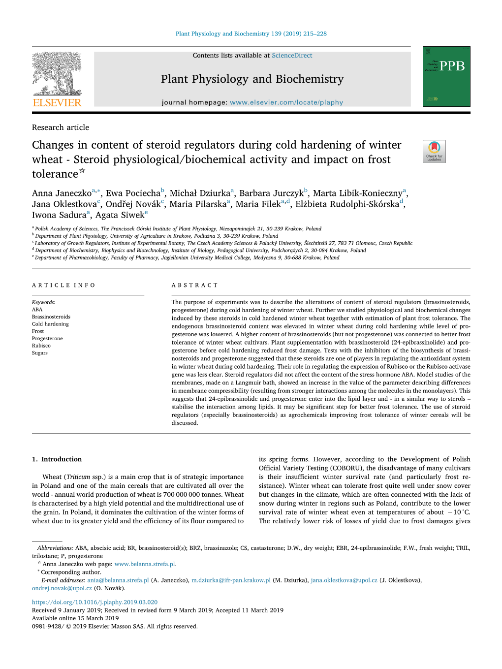 Changes in Content of Steroid Regulators During Cold Hardening of Winter Wheat - Steroid Physiological/Biochemical Activity and Impact on Frost T ☆ Tolerance