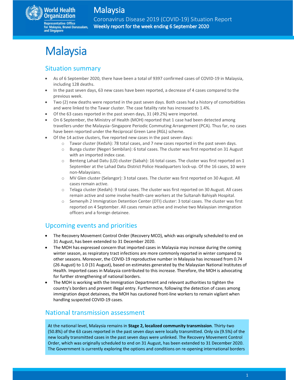 Malaysia Coronavirus Disease 2019 (COVID-19) Situation Report Weekly Report for the Week Ending 6 September 2020