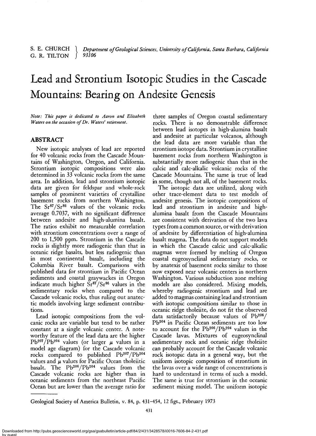 Lead and Strontium Isotopic Studies in the Cascade Mountains: Bearing on Andesite Genesis