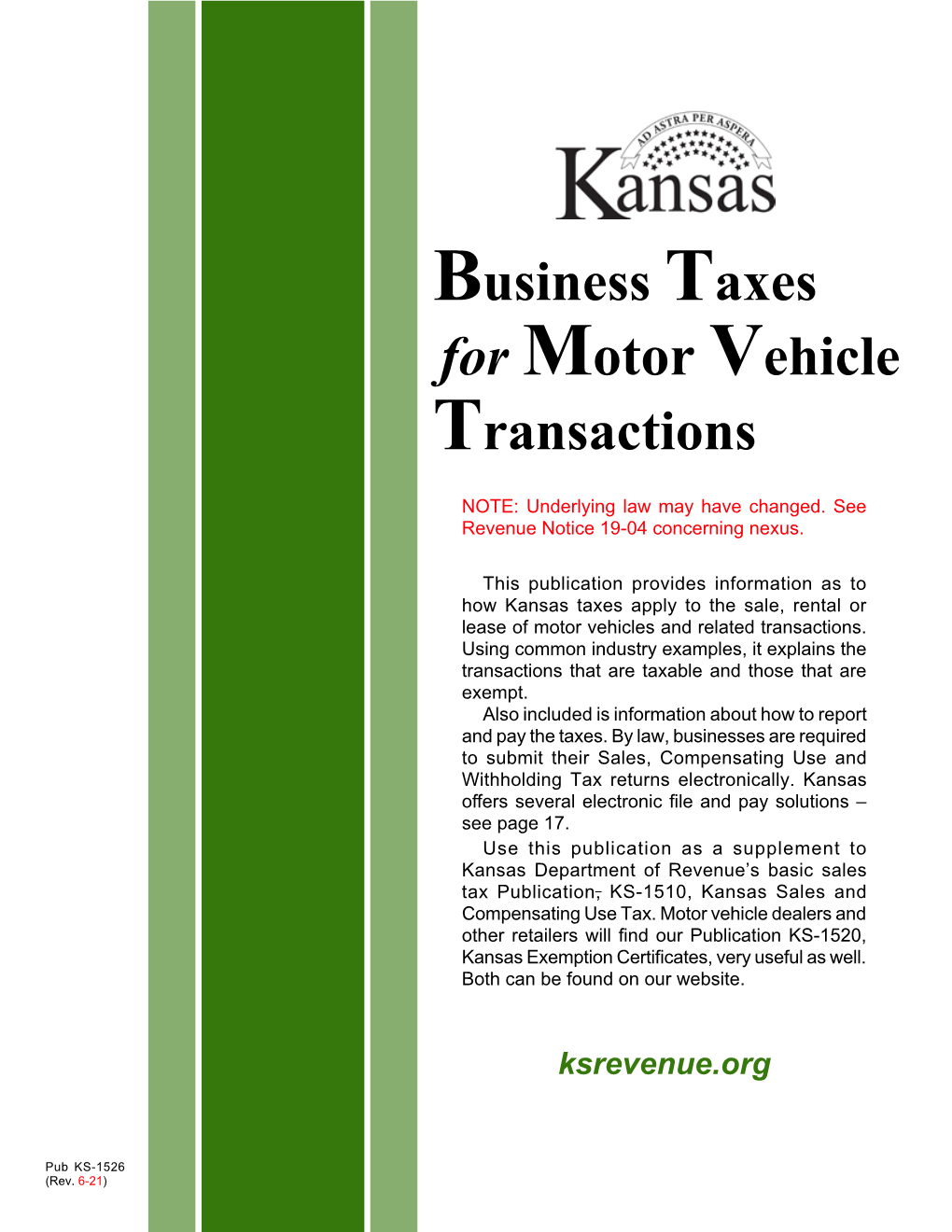 Pub. KS-1526, Sales and Use Tax for Motor Vehicle
