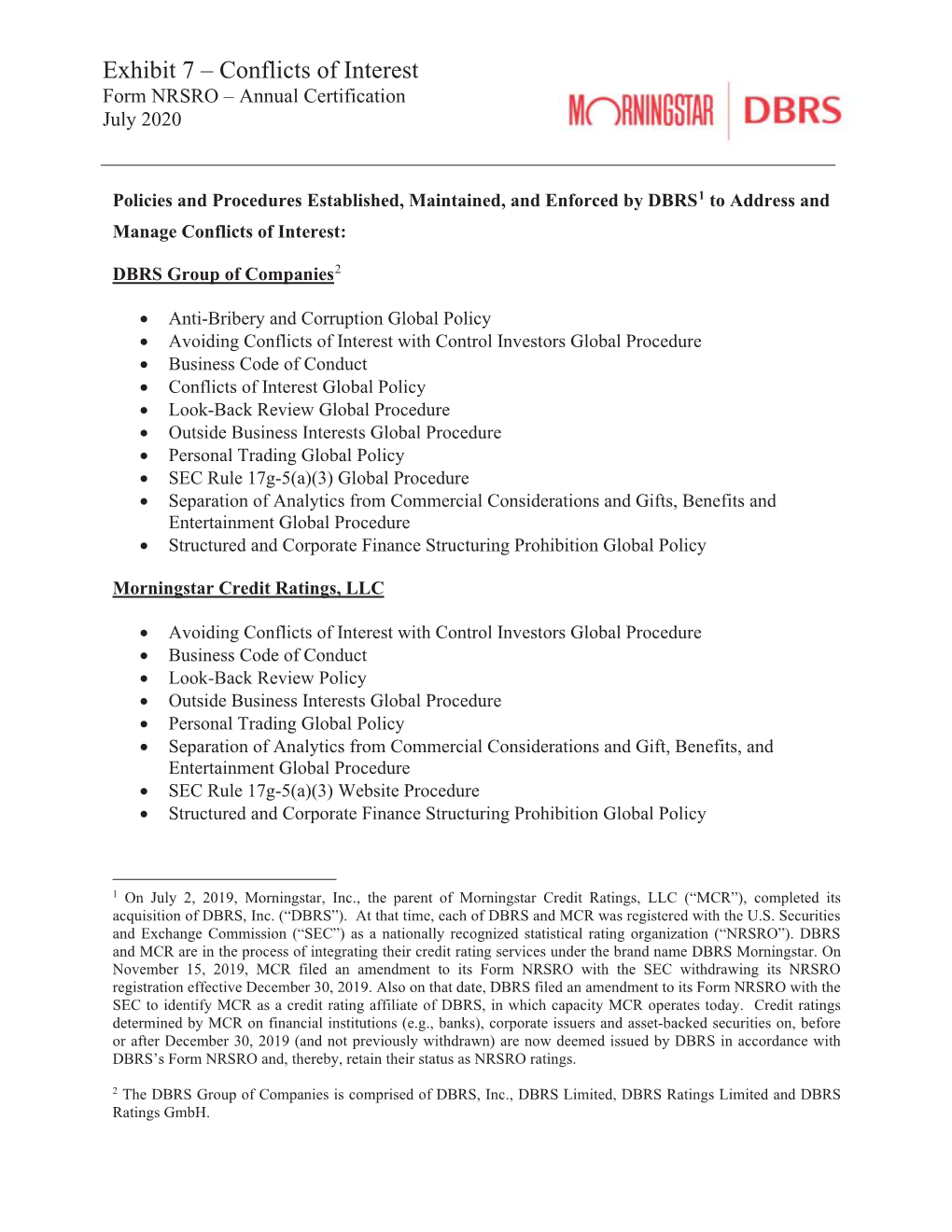 Exhibit 7 – Conflicts of Interest Form NRSRO – Annual Certification July 2020