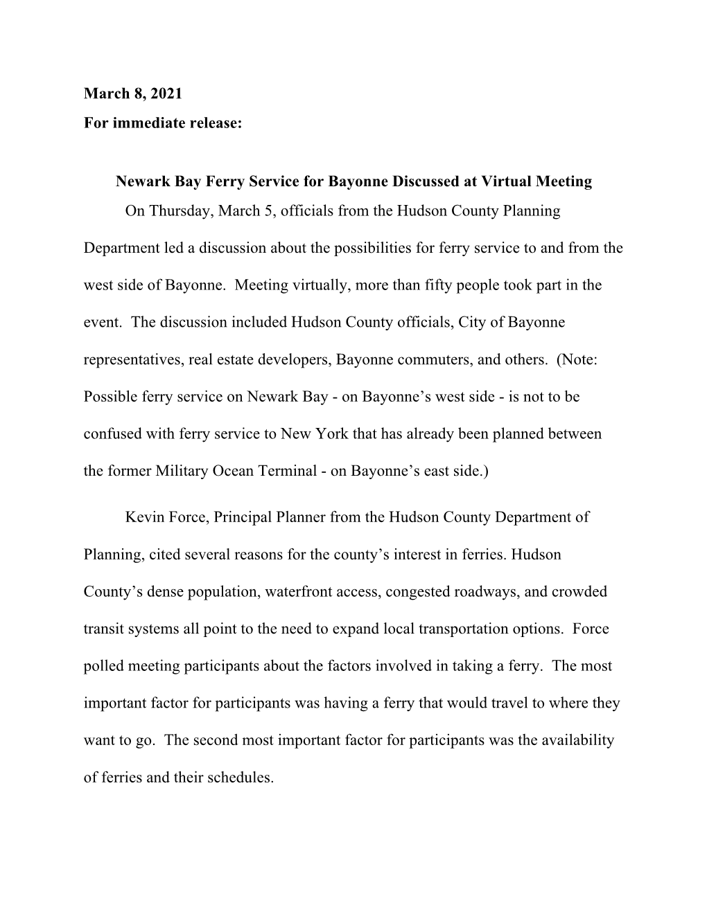 March 8, 2021 for Immediate Release: Newark Bay Ferry Service For