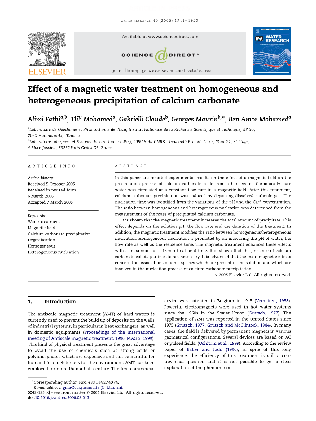 Effect of a Magnetic Water Treatment on Homogeneous and Heterogeneous Precipitation of Calcium Carbonate