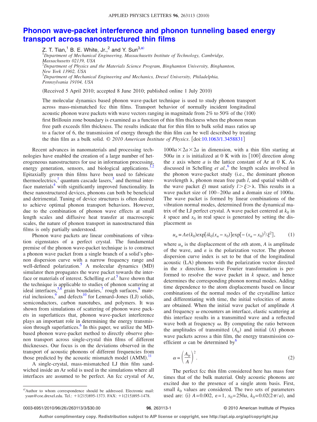 Phonon Wave-Packet Interference and Phonon Tunneling Based Energy Transport Across Nanostructured Thin ﬁlms ͒ Z