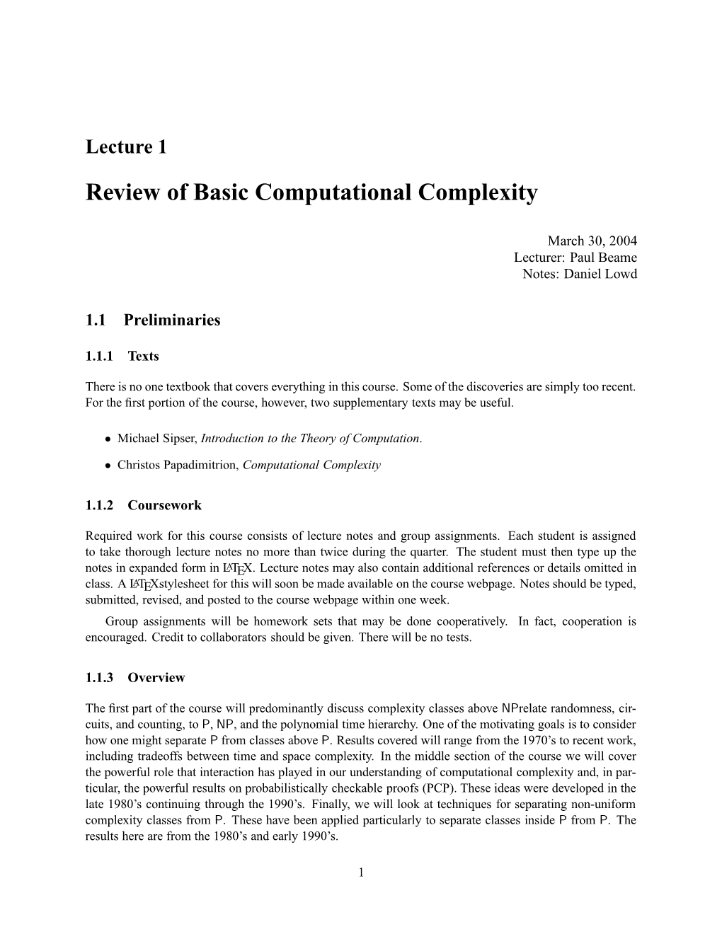 Lecture 1 Review of Basic Computational Complexity