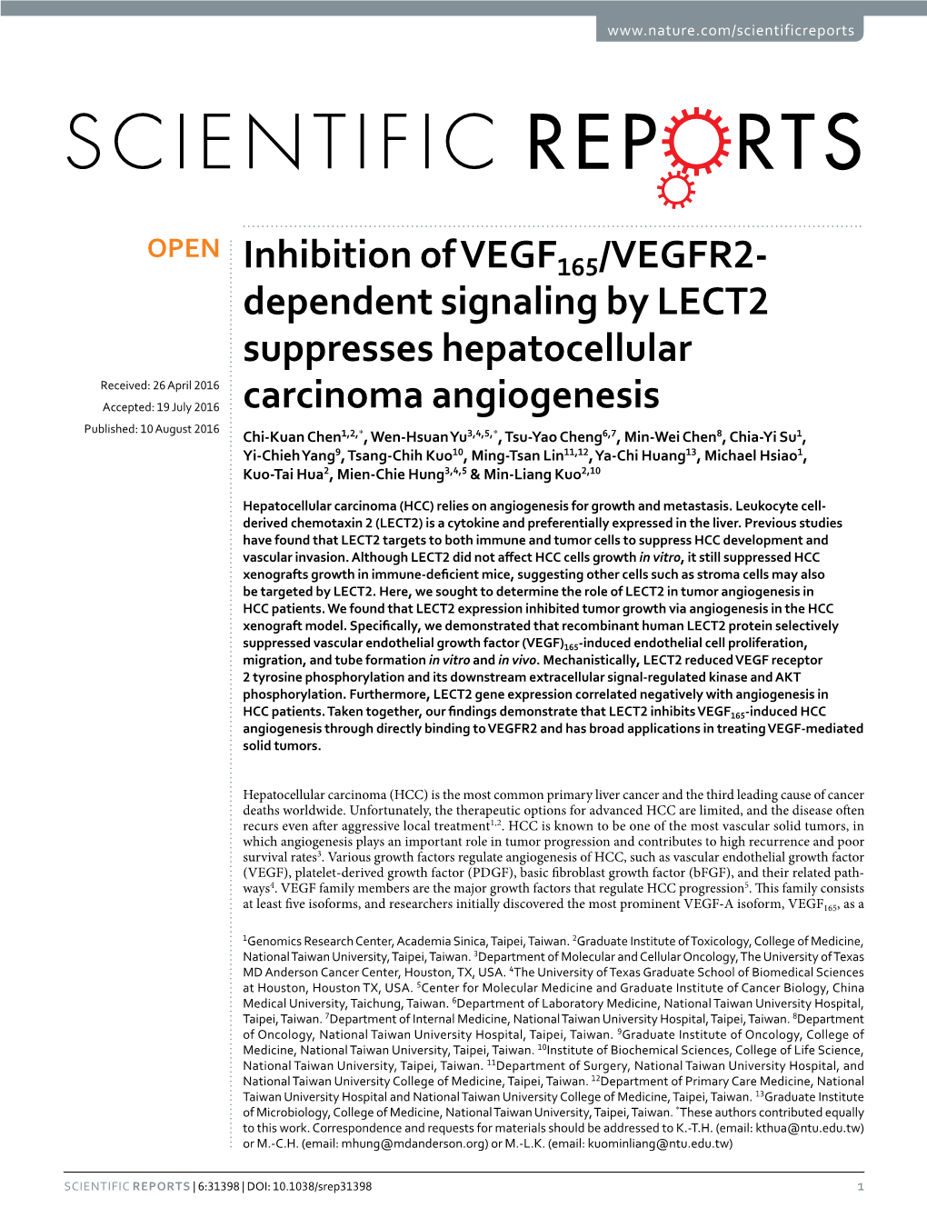 Inhibition of VEGF165/VEGFR2-Dependent Signaling by LECT2 Suppresses Hepatocellular Carcinoma Angiogenesis