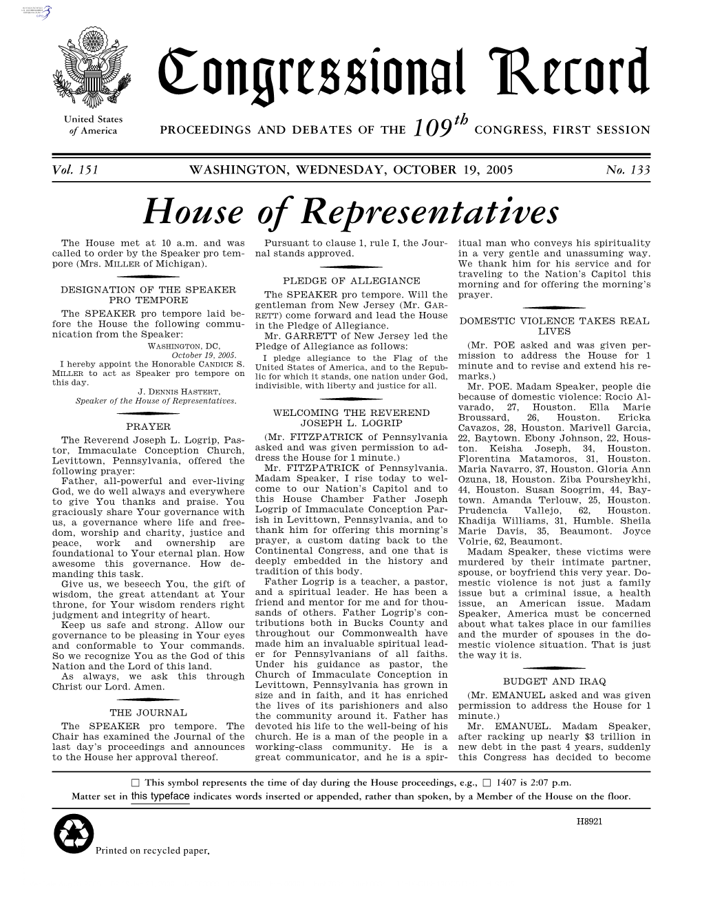 Congressional Record United States Th of America PROCEEDINGS and DEBATES of the 109 CONGRESS, FIRST SESSION