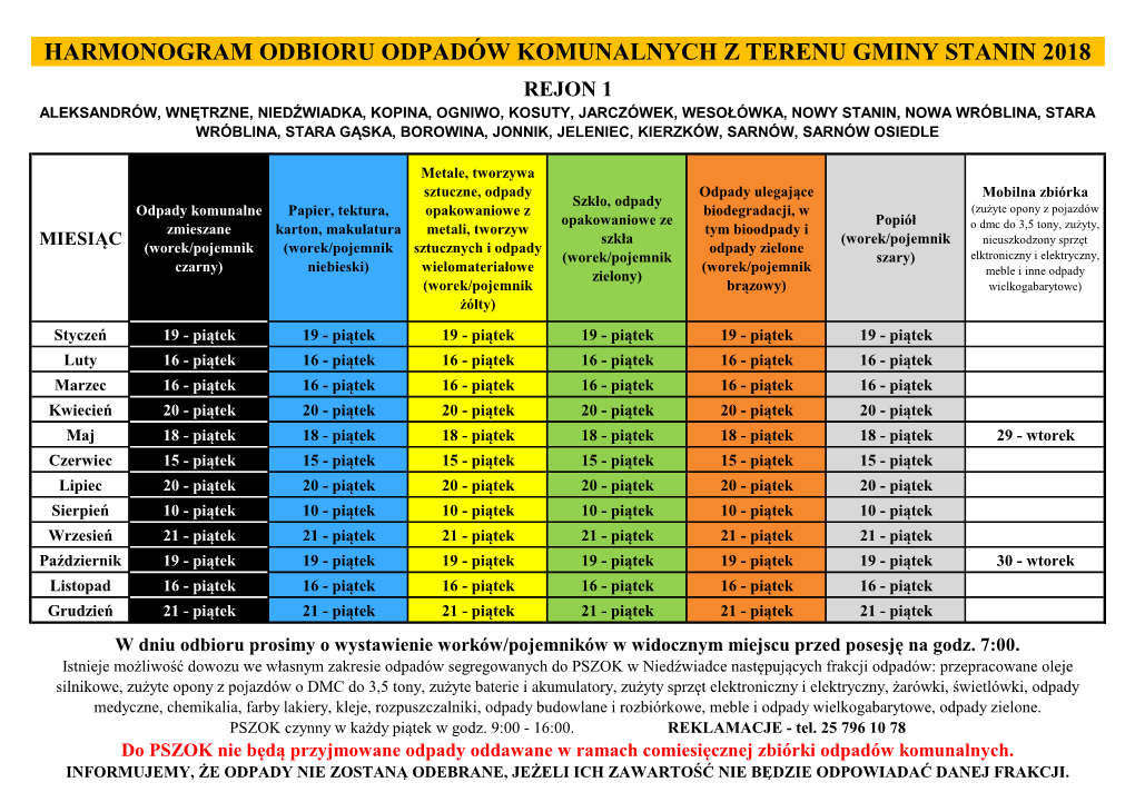 Harmonogram Odbioru Odpadów Komunalnych Z Terenu Gminy Stanin 2018