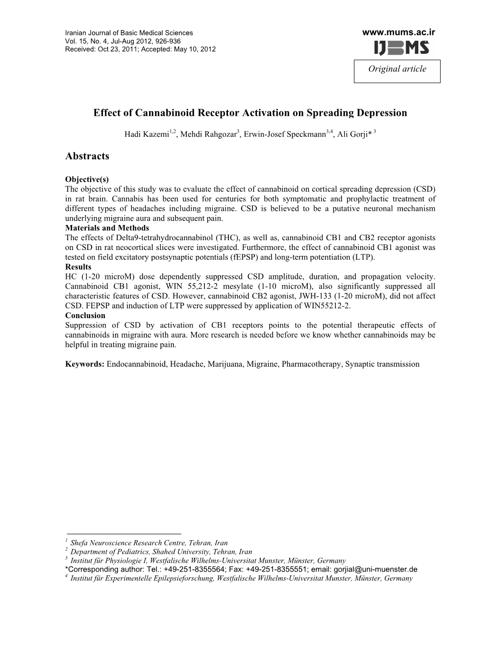 A Effe Abstracts Ect of Can Nnabinoid Receptor Activation N on Sprea