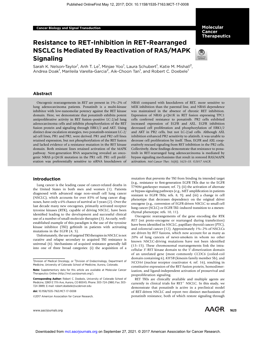 Resistance to RET-Inhibition in RET-Rearranged NSCLC Is Mediated by Reactivation of RAS/MAPK Signaling Sarah K