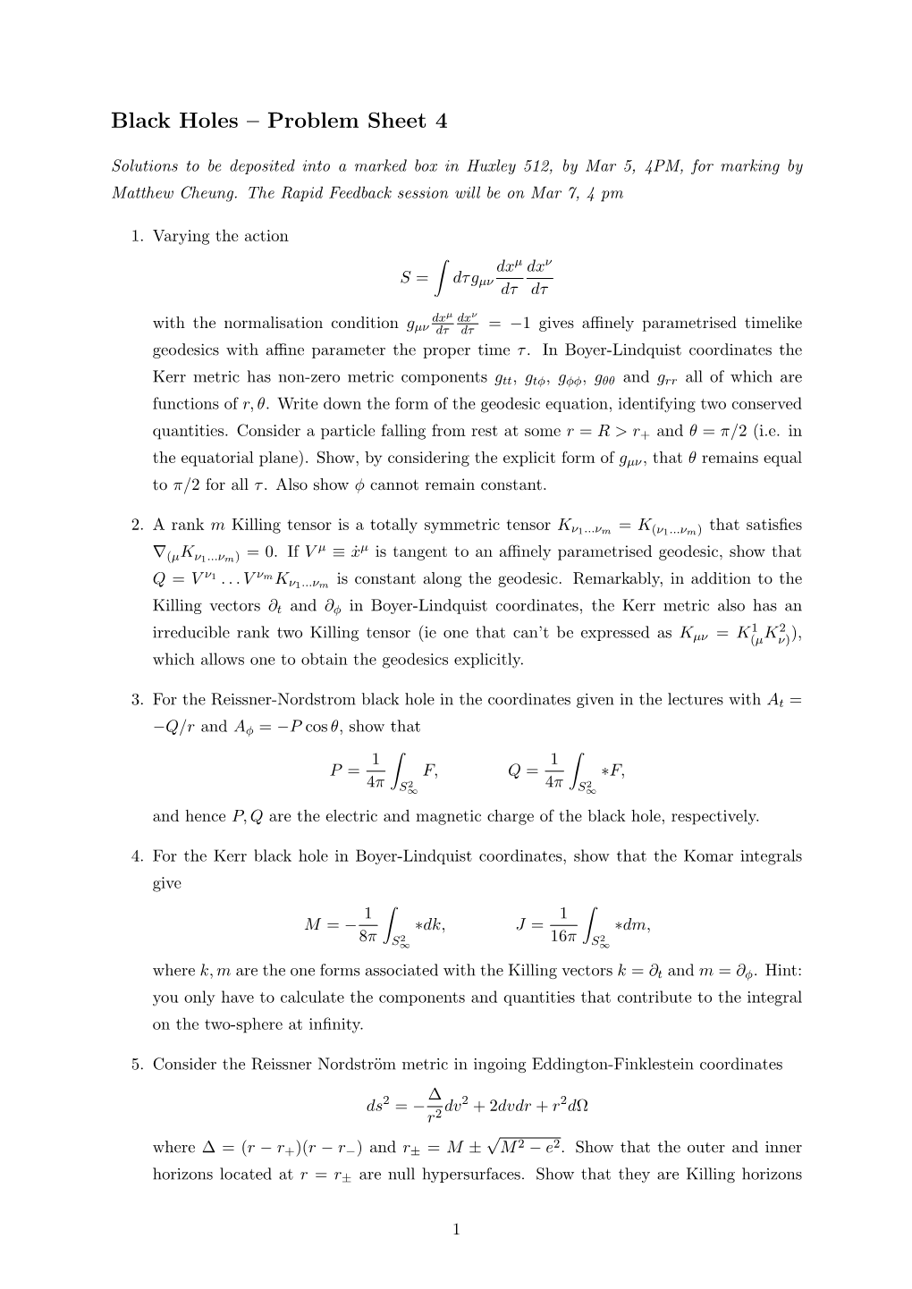 Black Holes – Problem Sheet 4