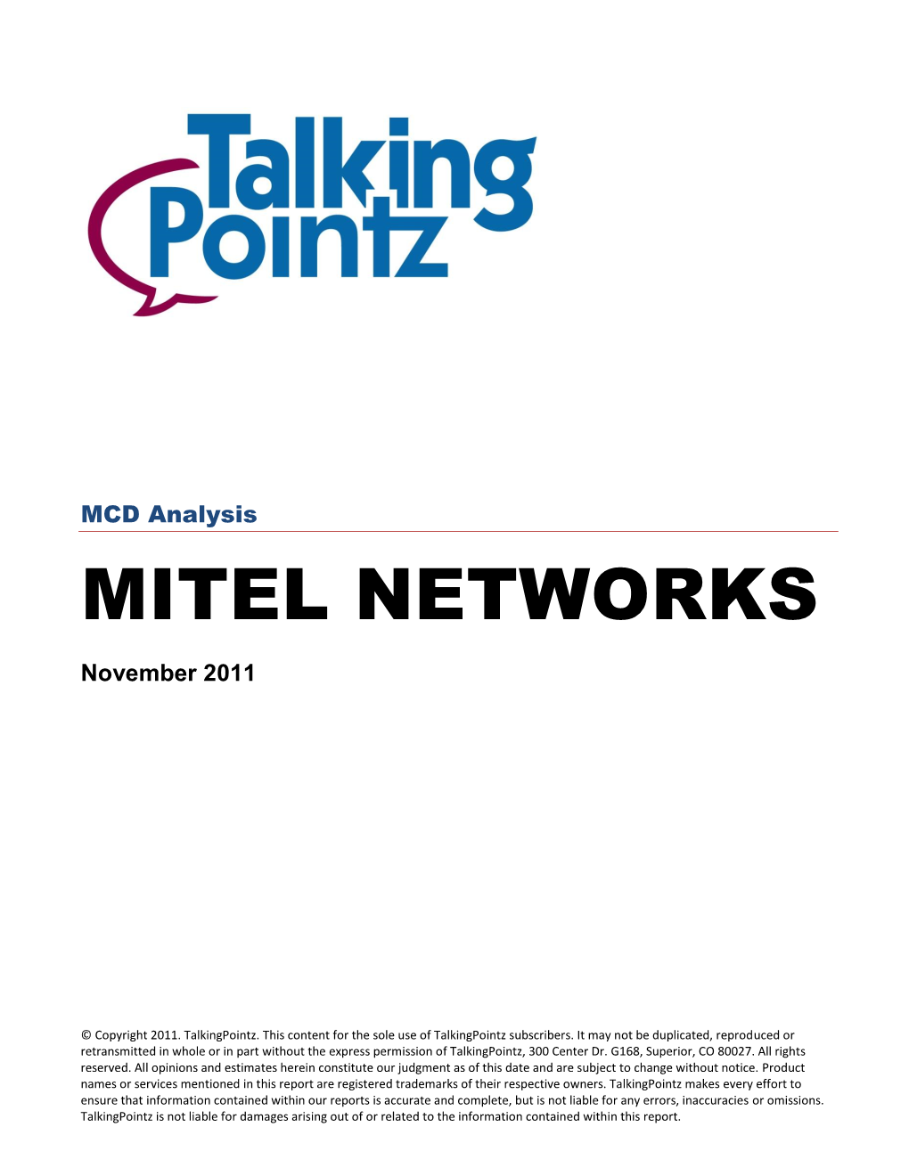 MITEL NETWORKS November 2011