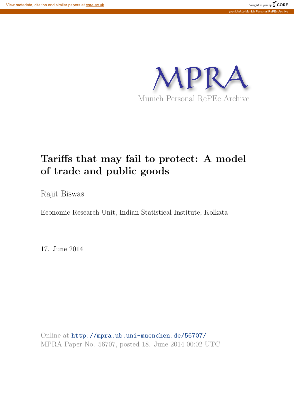 Tariffs That May Fail to Protect: a Model of Trade and Public Goods