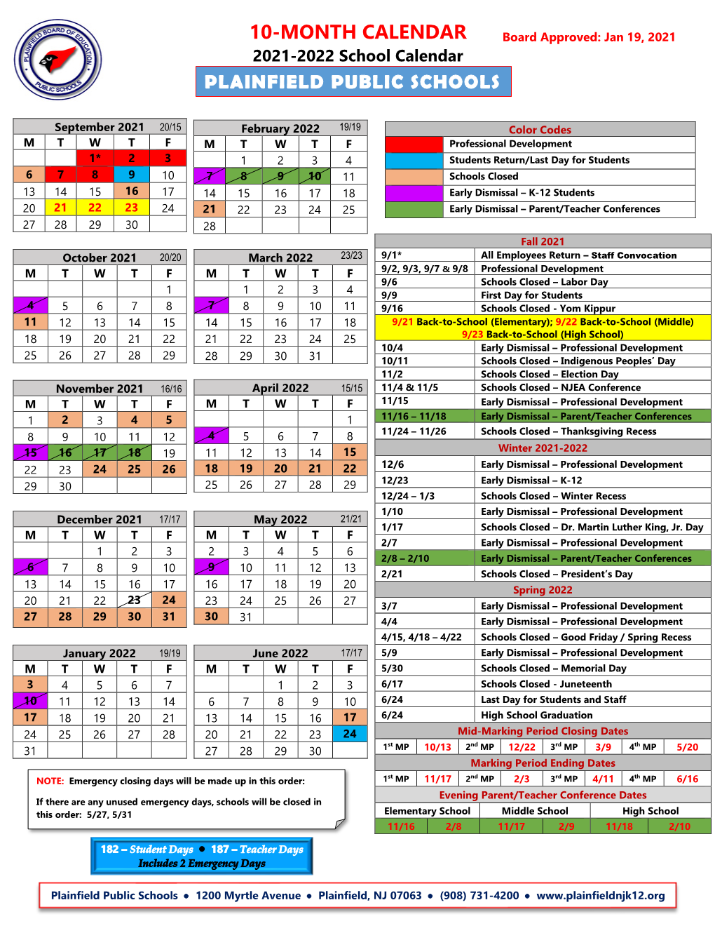 2021-2022 10 Month School Calendar