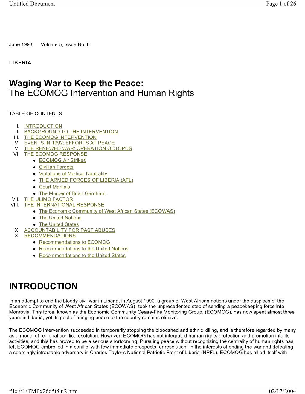 The ECOMOG Intervention and Human Rights INTRODUCTION