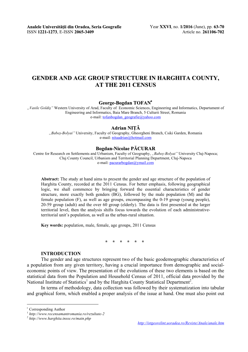 Gender and Age Group Structure in Harghita County, at the 2011 Census