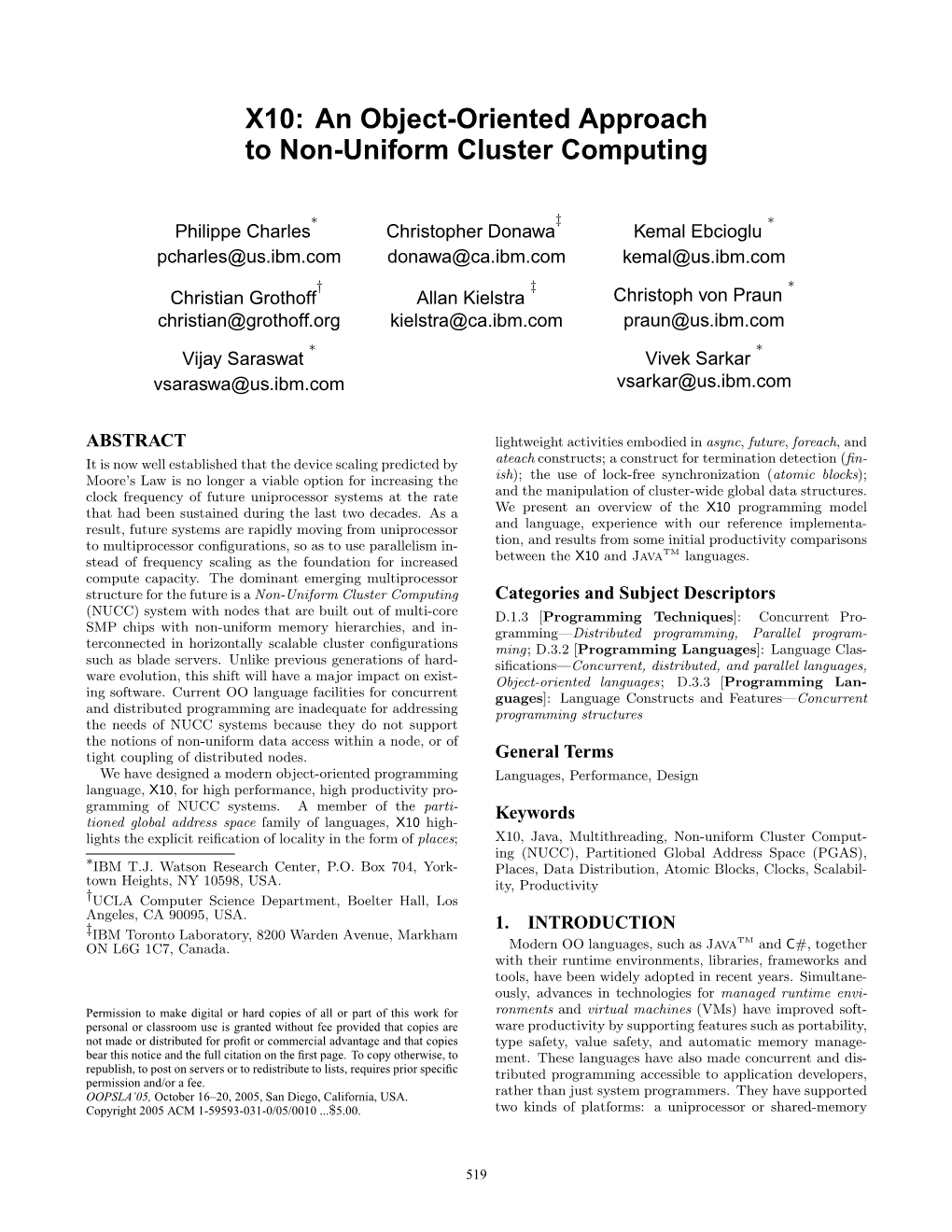 X10: an Object-Oriented Approach to Non-Uniform Cluster Computing