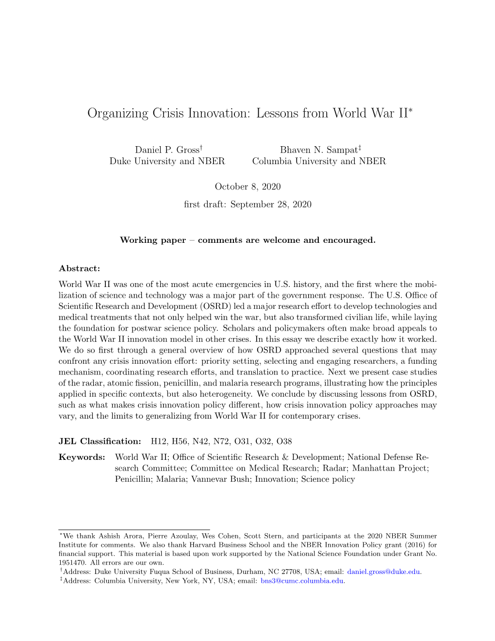 Organizing Crisis Innovation: Lessons from World War II∗