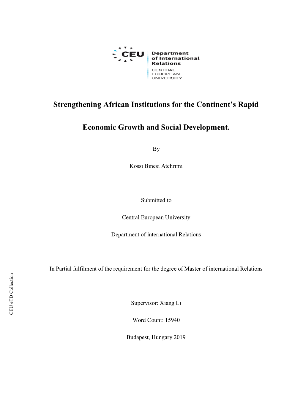 Strengthening African Institutions for the Continent's Rapid Economic Growth and Social Development