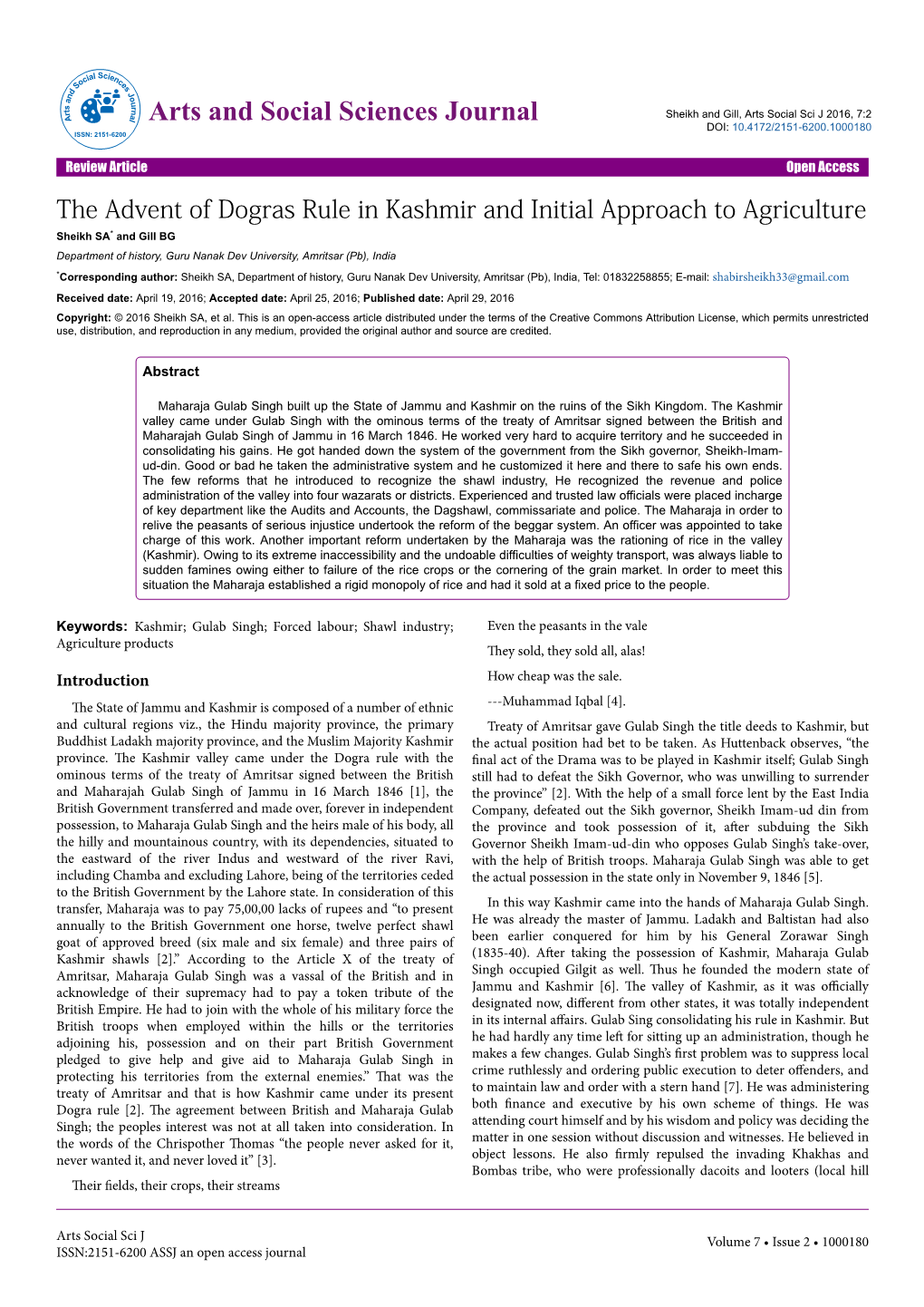 The Advent of Dogras Rule in Kashmir and Initial Approach to Agriculture