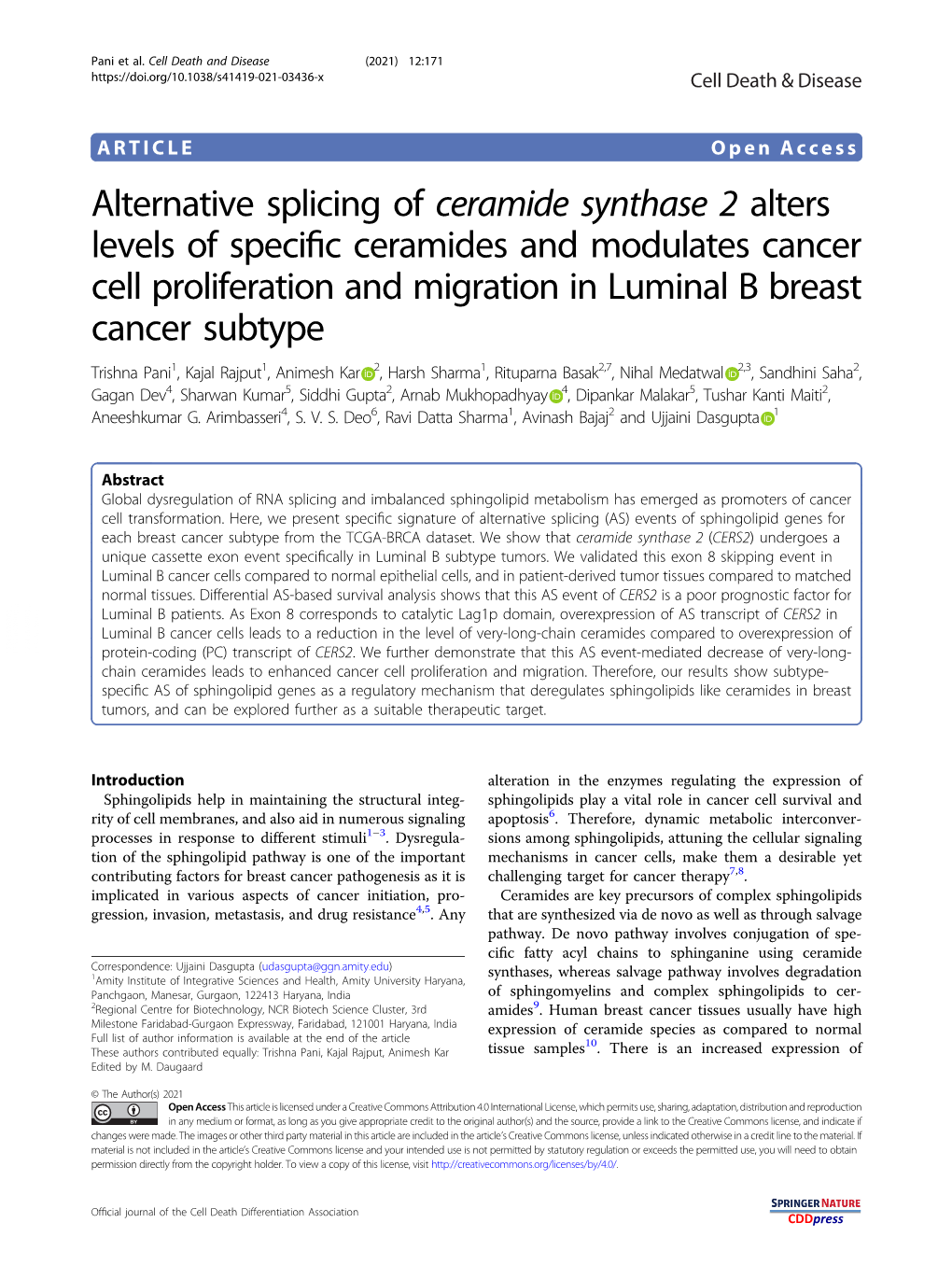 Alternative Splicing of Ceramide Synthase 2 Alters Levels of Specific