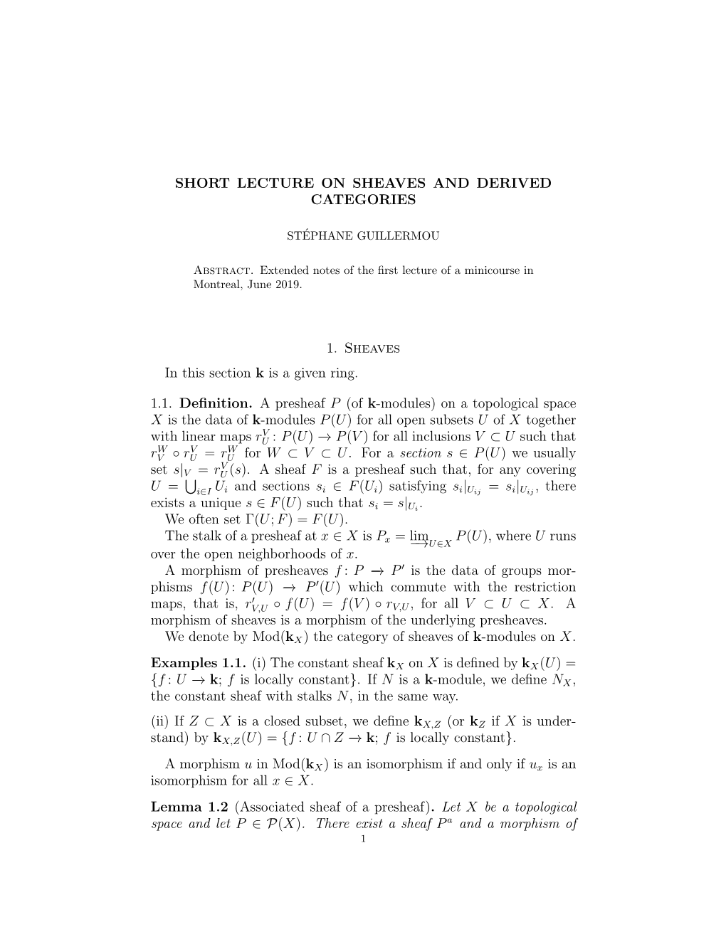 Short Lecture on Sheaves and Derived Categories