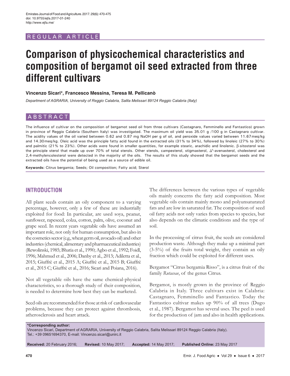 Comparison of Physicochemical Characteristics and Composition of Bergamot Oil Seed Extracted from Three Different Cultivars