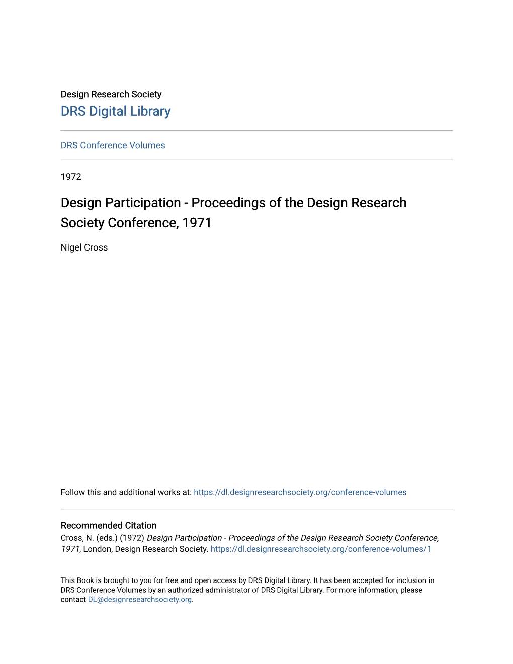 Design Participation - Proceedings of the Design Research Society Conference, 1971