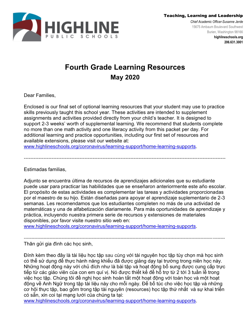 Fourth Grade Learning Resources May 2020