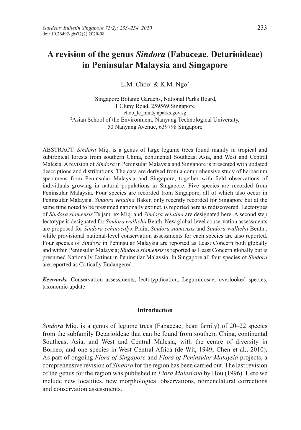 A Revision of the Genus Sindora (Fabaceae, Detarioideae) in Peninsular Malaysia and Singapore