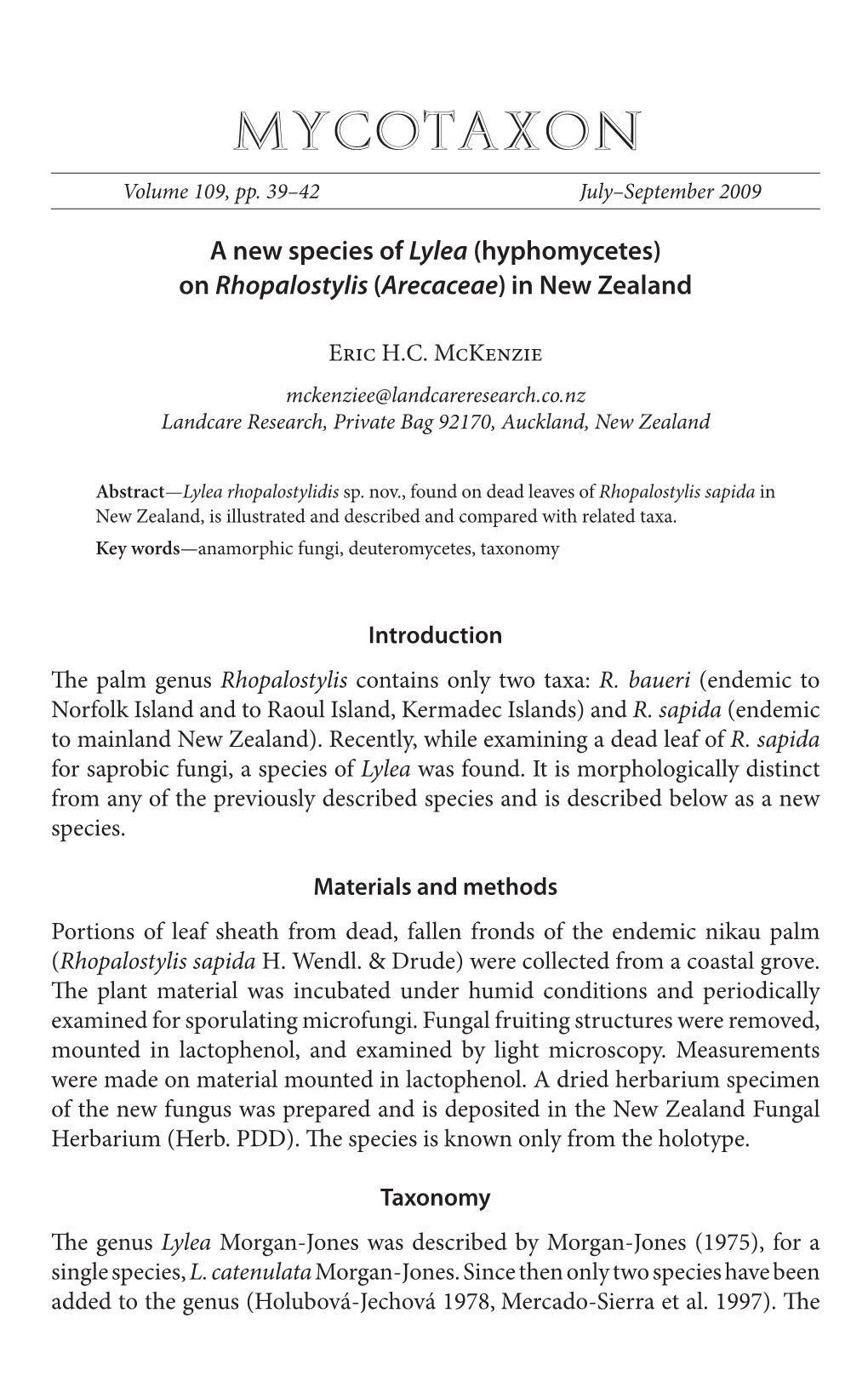 (Hyphomycetes) on Rhopalostylis (Arecaceae) in New Zealand