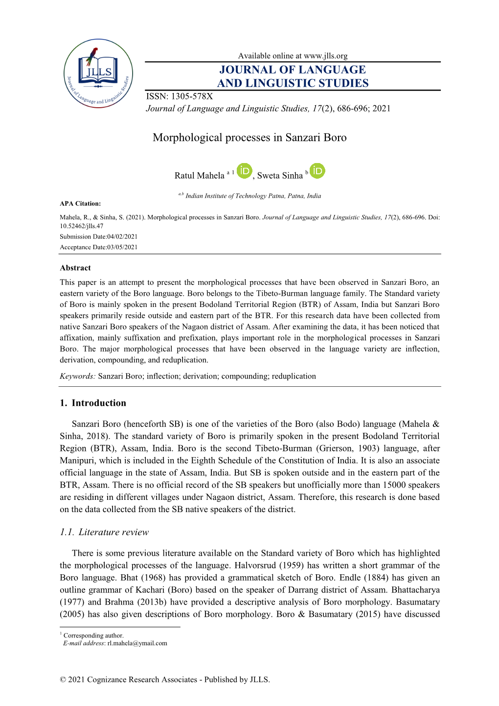 JOURNAL of LANGUAGE and LINGUISTIC STUDIES ISSN: 1305-578X Journal of Language and Linguistic Studies, 17(2), 686-696; 2021