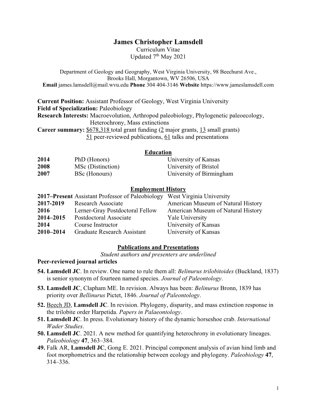 Department of Geology and Geography, West Virginia University, 98 Beechurst Ave