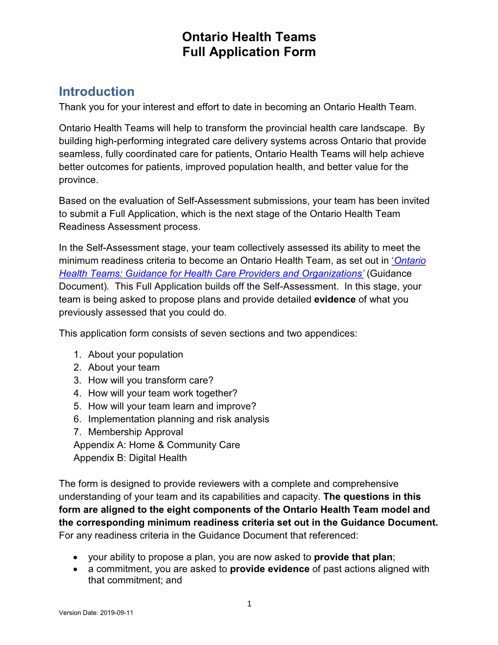 Ontario Health Teams Full Application Form Introduction