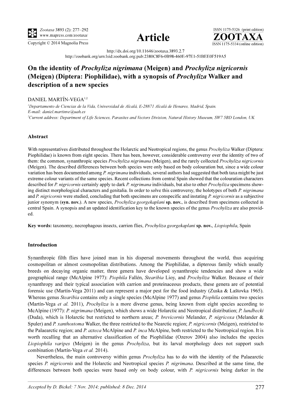 And Prochyliza Nigricornis (Meigen) (Diptera: Piophilidae), with a Synopsis of Prochyliza Walker and Description of a New Species