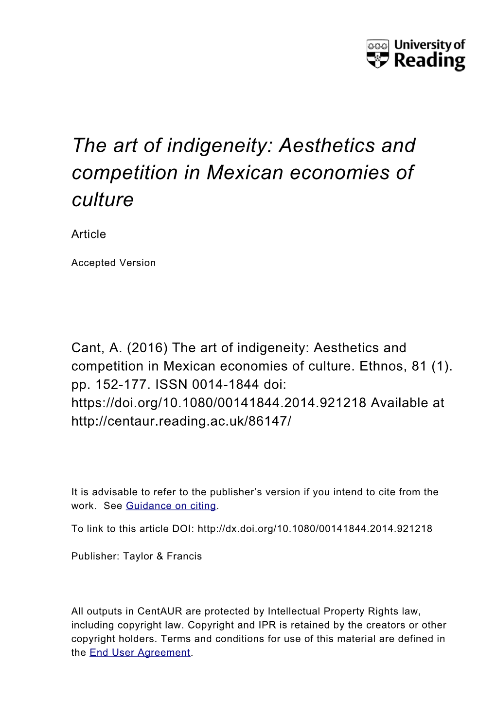 The Art of Indigeneity: Aesthetics and Competition in Mexican Economies of Culture